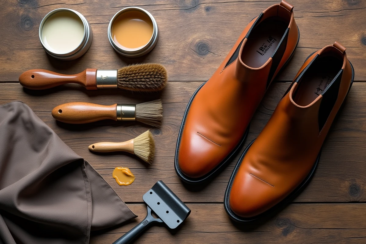 Flat lay des accessoires de cirage pour chaussures en cuir : brosses, cires, chiffons et une bottchelsea cognac