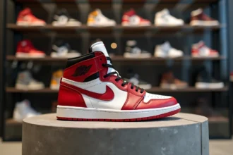 Paire de Air Jordan 1 en cuir bicolore exposée sur un socle en béton dans une boutique de sneakers, mettant en valeur le logo Wings emblématique