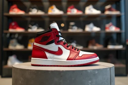 Paire de Air Jordan 1 en cuir bicolore exposée sur un socle en béton dans une boutique de sneakers, mettant en valeur le logo Wings emblématique