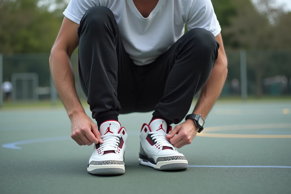 Jeune homme accroupi sur un terrain de basketball urbain lacrant ses Air Jordan 3 avec le logo Jumpman visible sur la languette