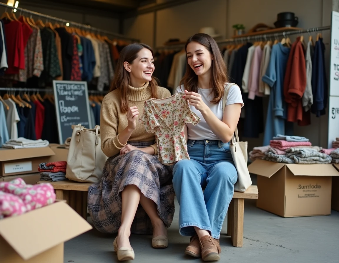 Deux amies choisissant des vêtements vintage dans un marché aux friperies parisien avec portants colorés et ambiance décontractée