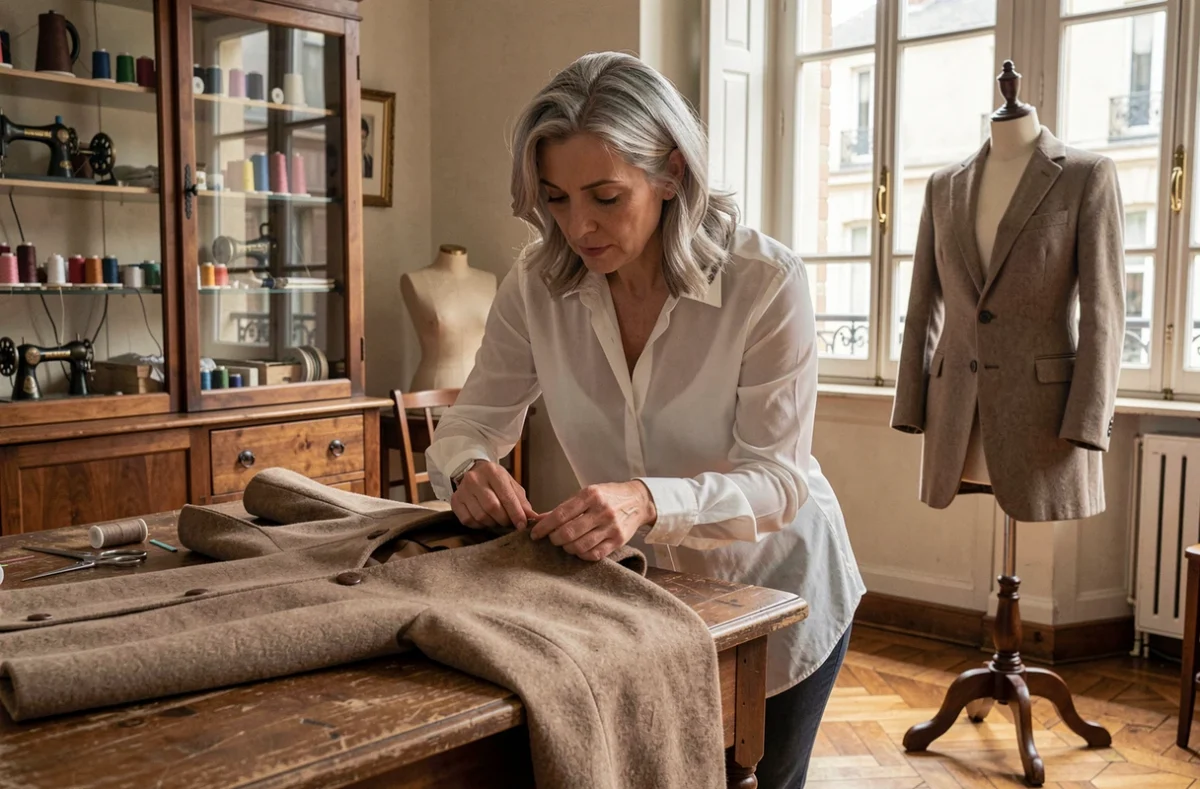 Artisane cousant à la main la doublure d'un manteau en laine dans l'atelier Anne Couture à Bordeaux
