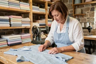 Artisane française inspectant un pyjama personnalisé fabriqué localement dans un atelier de couture traditionnel