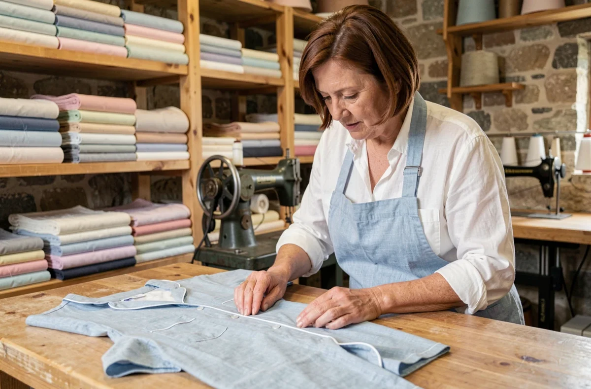 Artisane française inspectant un pyjama personnalisé fabriqué localement dans un atelier de couture traditionnel