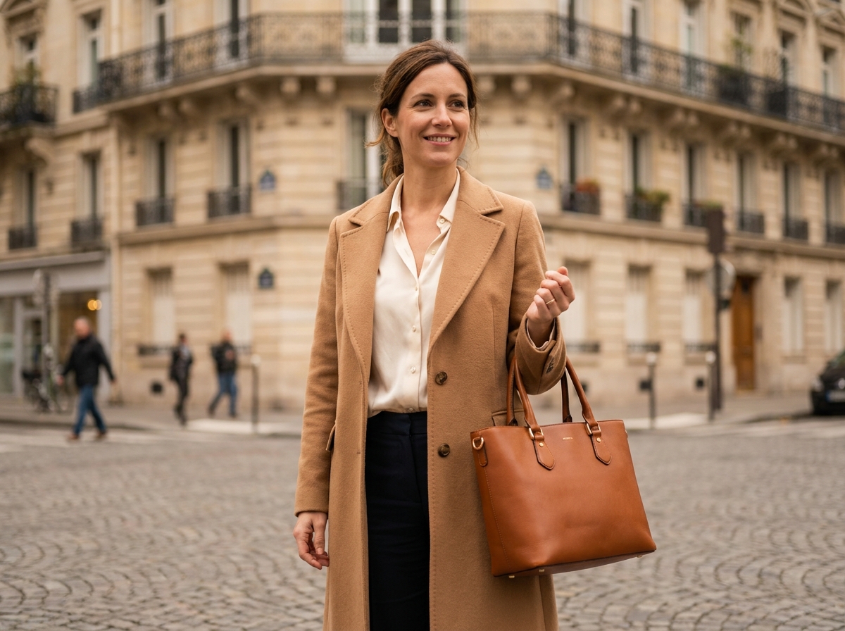 Femme en manteau camel associant un sac à main en cuir cognac sur une rue pavée parisienne