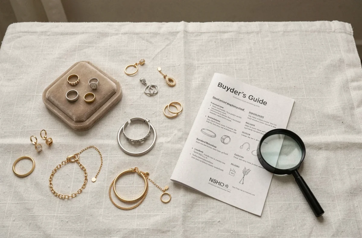 Assortiment de bijoux SRD en or et argent présentés en flat-lay avec guide d'achat pour aider au choix