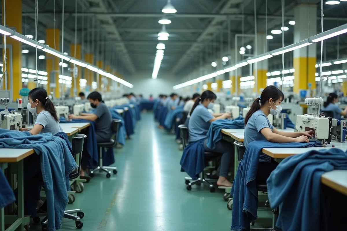 Atelier de confection textile en Asie du Sud-Est avec des rangées de machines à coudre industrielles et des ouvriers assemblant des pièces de vêtements Zara