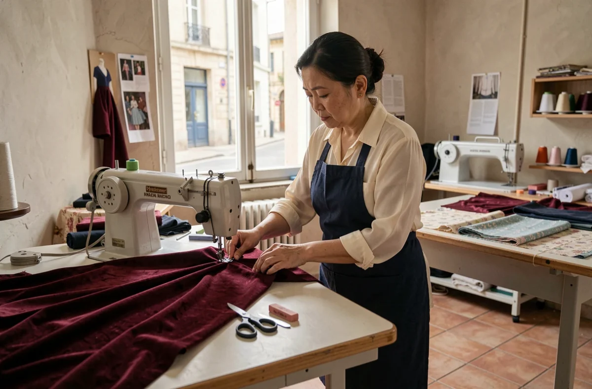 Atelier de couture sur mesure à Valence avec une couturière travaillant du velours bordeaux sur machine à coudre professionnelle