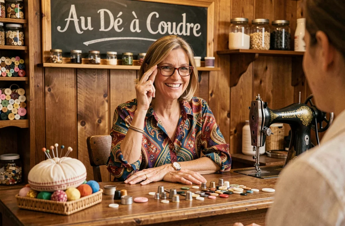 Couturière souriante entourée de dés à coudre et boutons dans la boutique Au Dé À Coudre à Bordeaux