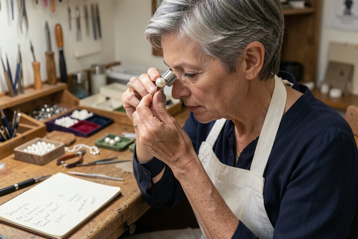 Bijoutière experte examinant une perle de Tahiti avec une loupe dans un atelier artisanal en bois