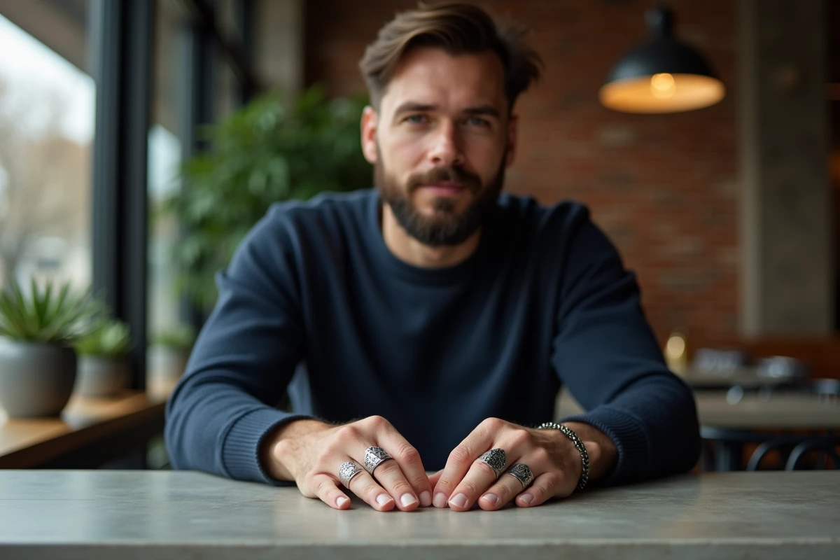 Homme portant des bagues et bracelet en argent oxydé tendance bijoux homme 2026