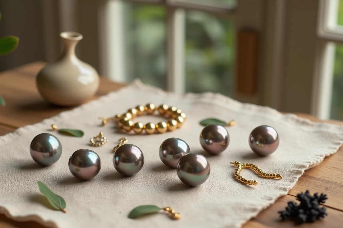 Bijoux en perles de Tahiti disposés en flat lay sur fond de lin naturel avec feuilles tropicales