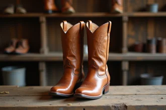 Paire de bottes cowboy homme en cuir tan posées sur une surface en bois rustique, détails de broderies visibles