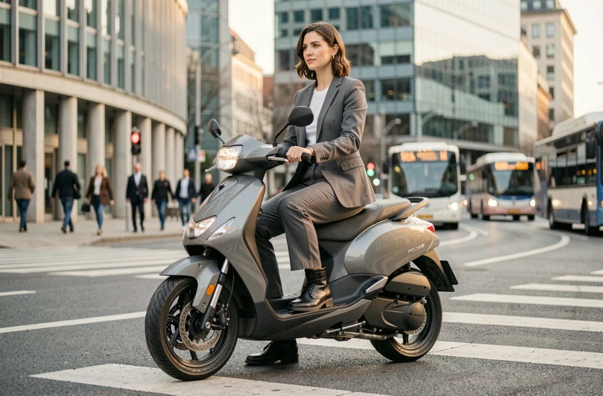 Femme professionnelle en bottes moto élégantes et protectrices assise sur un scooter en ville au feu rouge