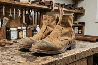 Paire de bottines en daim beige très encrassées posées sur un établi de cordonnier avec des outils d'entretien en arrière-plan