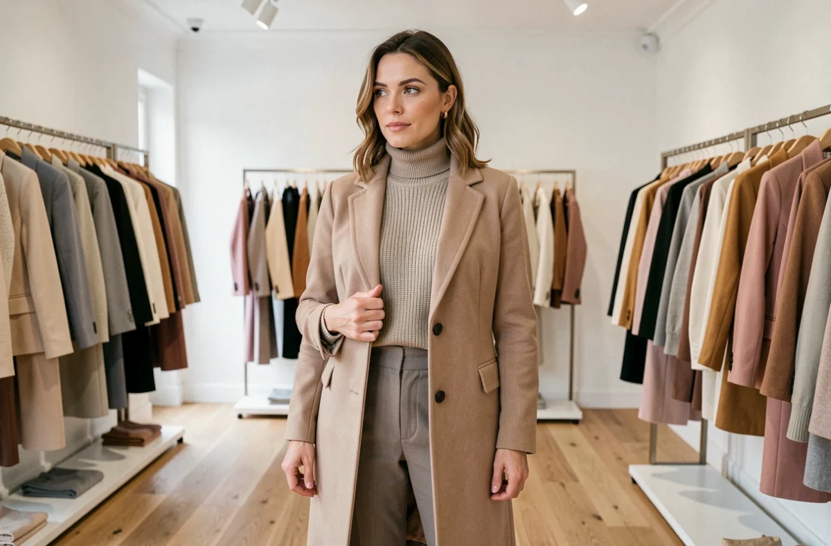 Boutique OPDV à Angers avec une cliente essayant un manteau dans un espace de prêt-à-porter féminin contemporain