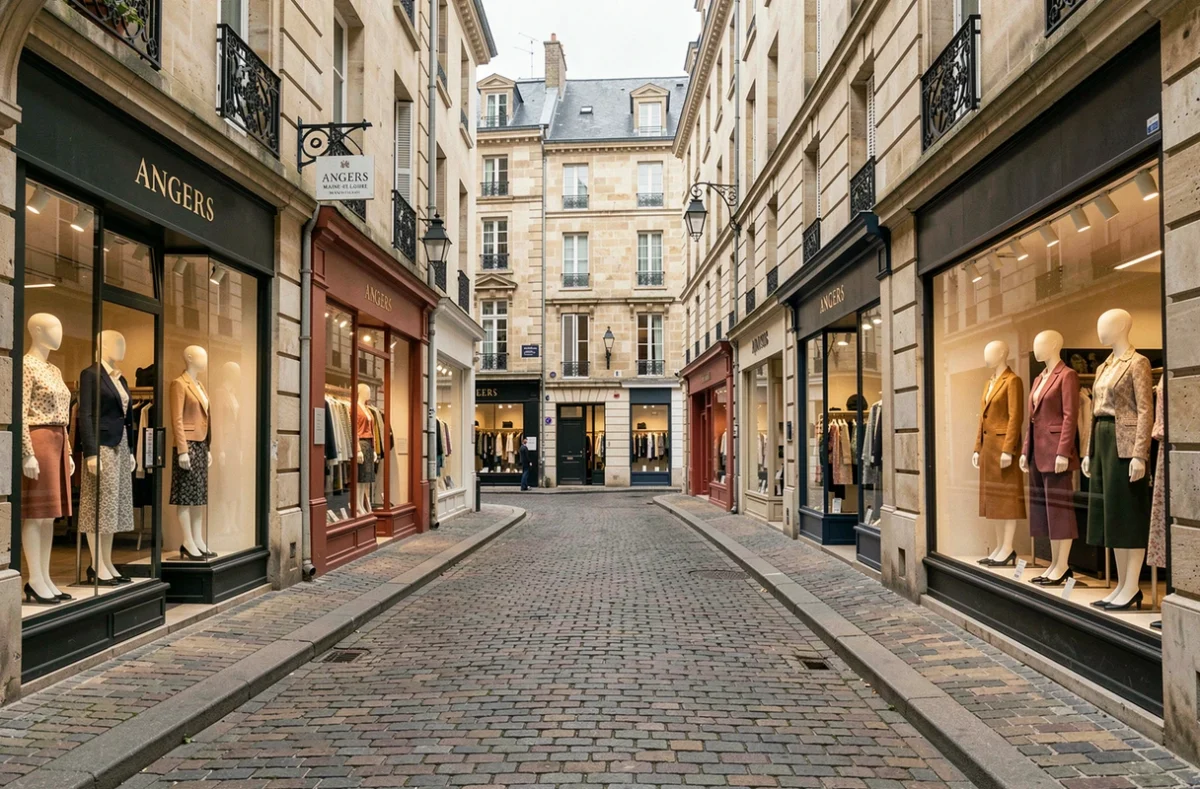 Rue commerçante élégante d'Angers avec boutiques de prêt-à-porter féminin en Maine-et-Loire
