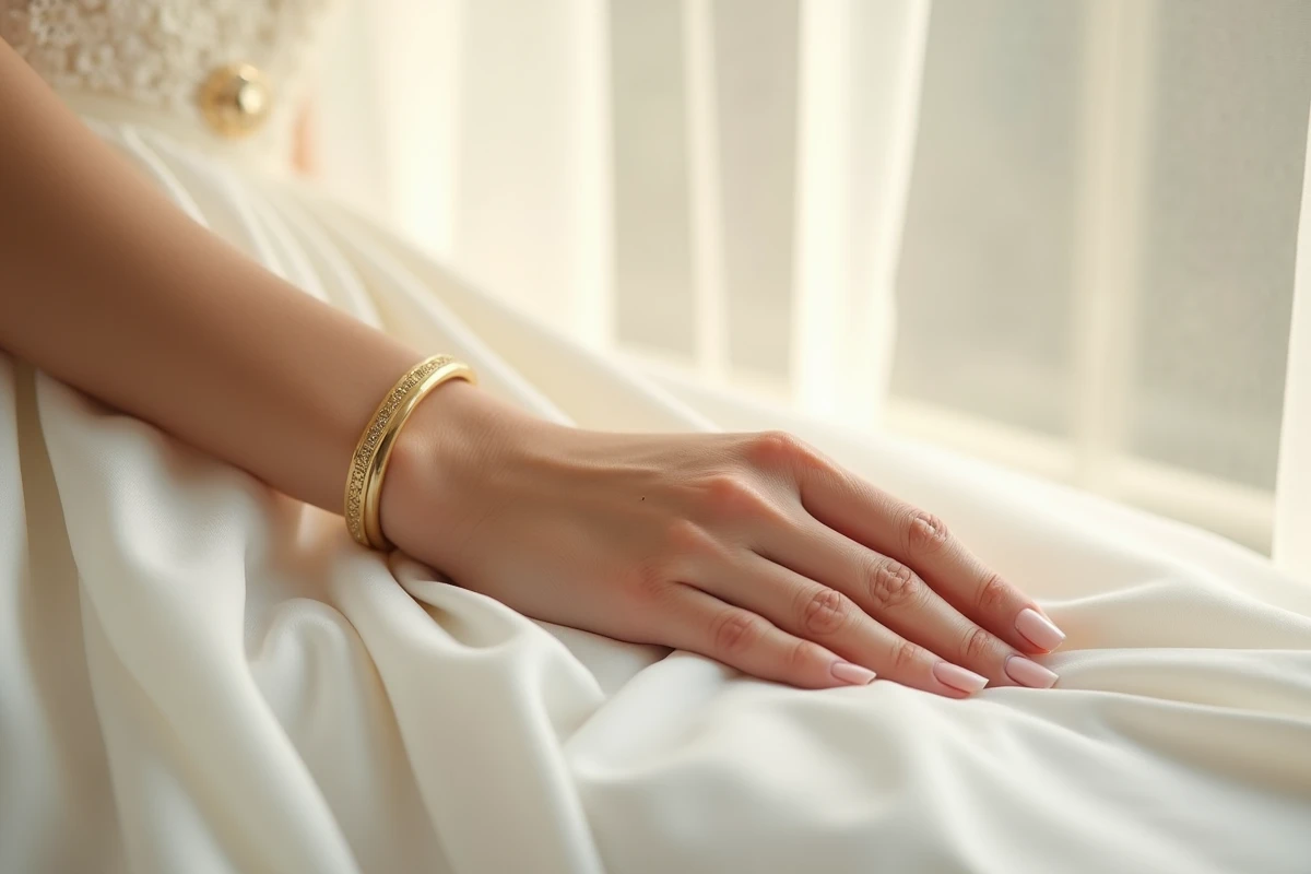 Bracelet jonc en or porté au poignet d'une mariée sur fond de soie blanche, bijou minimaliste pour mariage