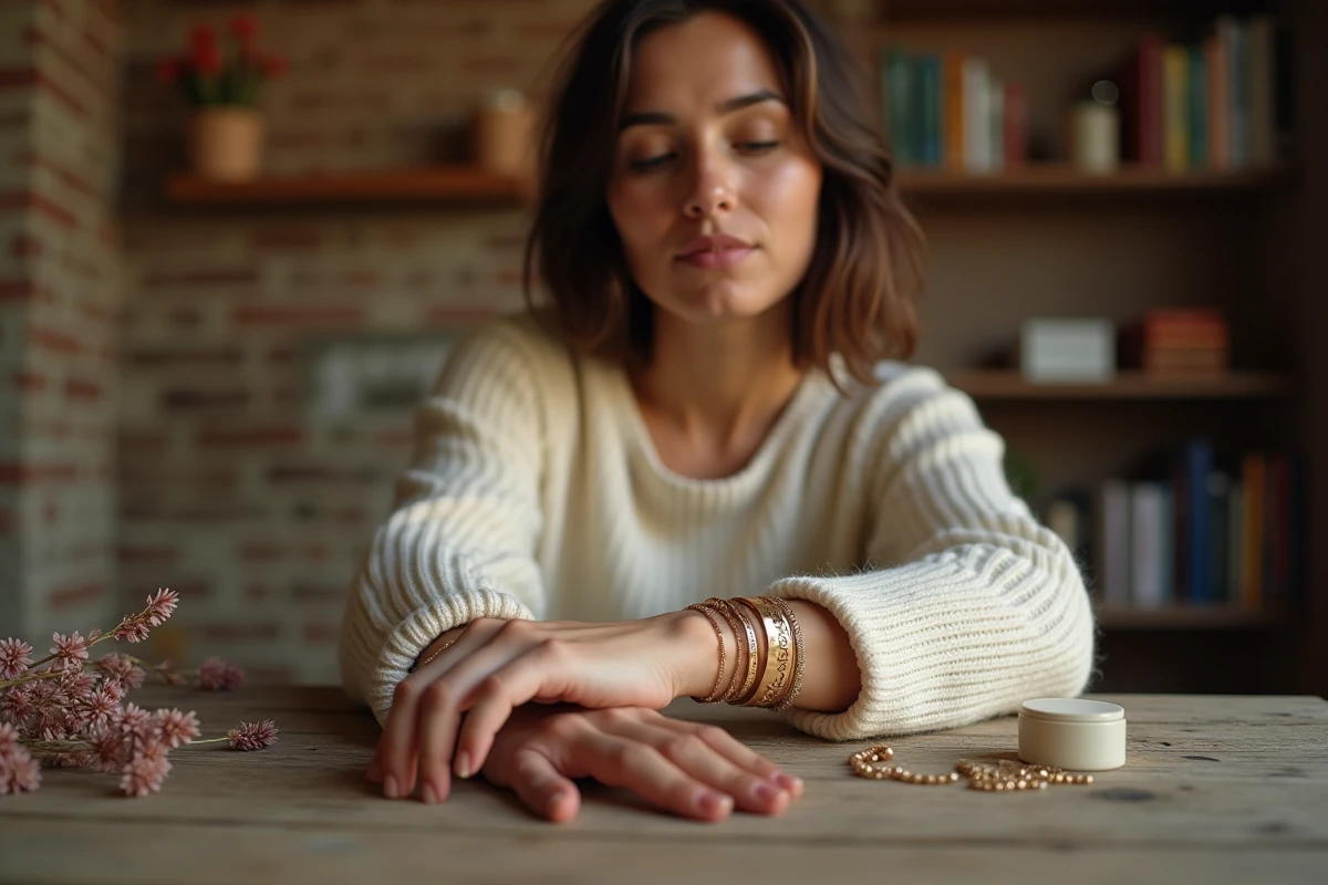 Femme portant des bracelets d'amour empilés en or et or rose, ambiance intime et personnelle à la maison