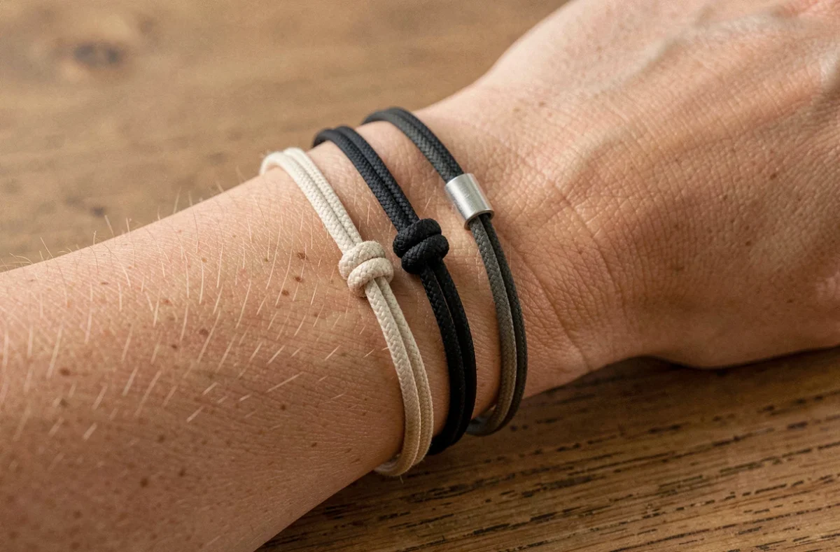 Bracelets cordon minimalistes en lin beige et corde noire avec nœud coulissant argent portés au poignet sur table en bois
