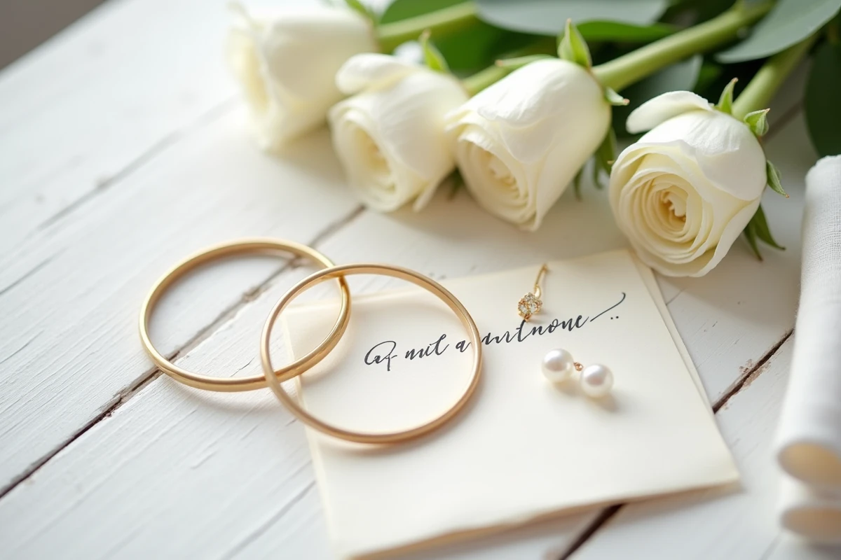 Bracelets jonc en or posés sur une coiffeuse de mariée avec fleurs blanches et accessoires nuptiaux, composition éditoriale minimaliste