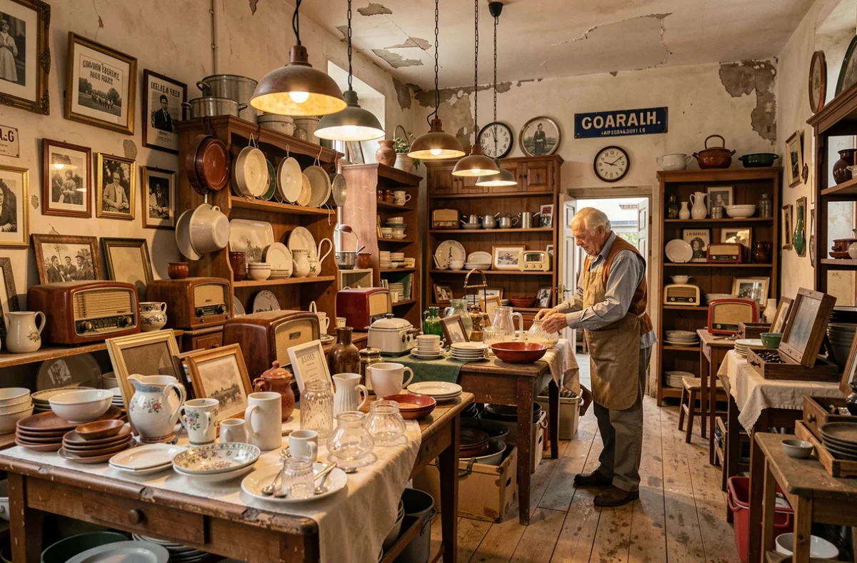 Intérieur du Bric à Brac de Saint-Denis avec tables chargées d'objets vintage et vendeur arrangeant de la verrerie