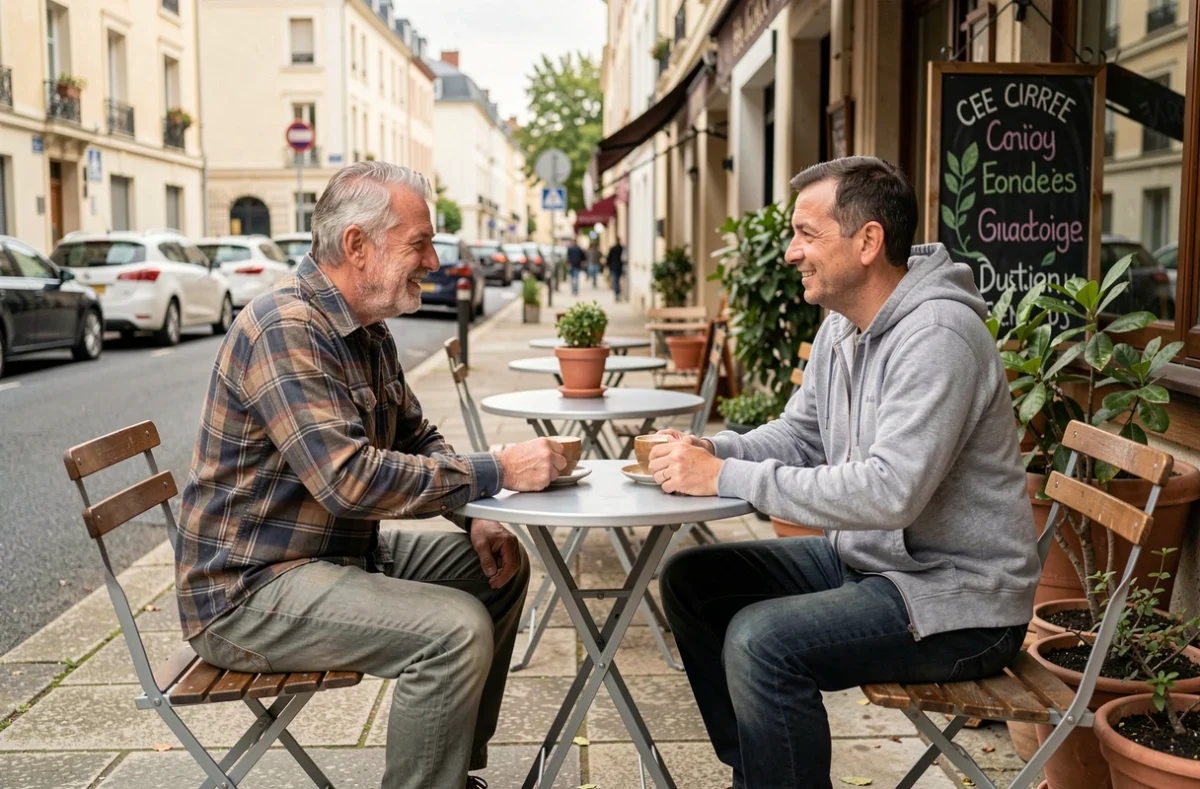 Deux habitants de Givors en conversation détendue en terrasse d'un café de quartier