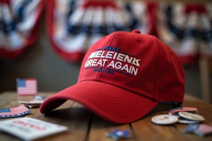 Casquette rouge MAGA 'Make America Great Again' posée sur une table en bois lors d'un rassemblement politique américain, entourée de drapeaux et de tracts de campagne