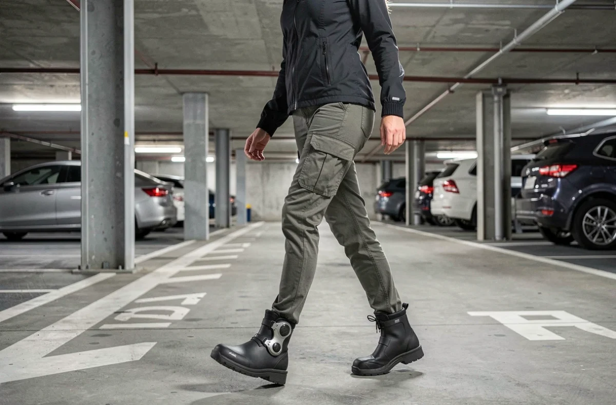 Femme portant des chaussures moto imperméables marchant vers son scooter dans un parking urbain souterrain