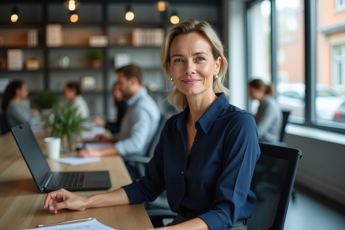 Femme en chemisier bleu marine structuré dans un bureau moderne, tenu professionnel mode