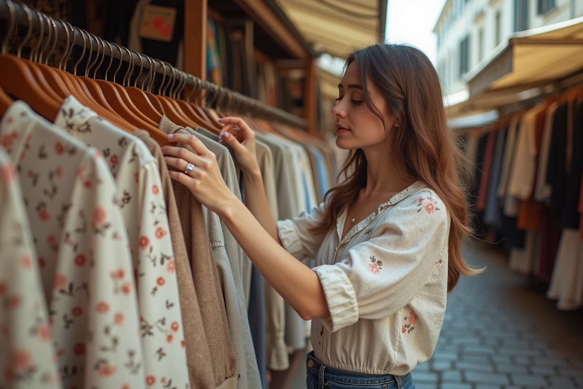 Jeune femme explorant des chemisiers vintages dans un marché aux puces en plein air