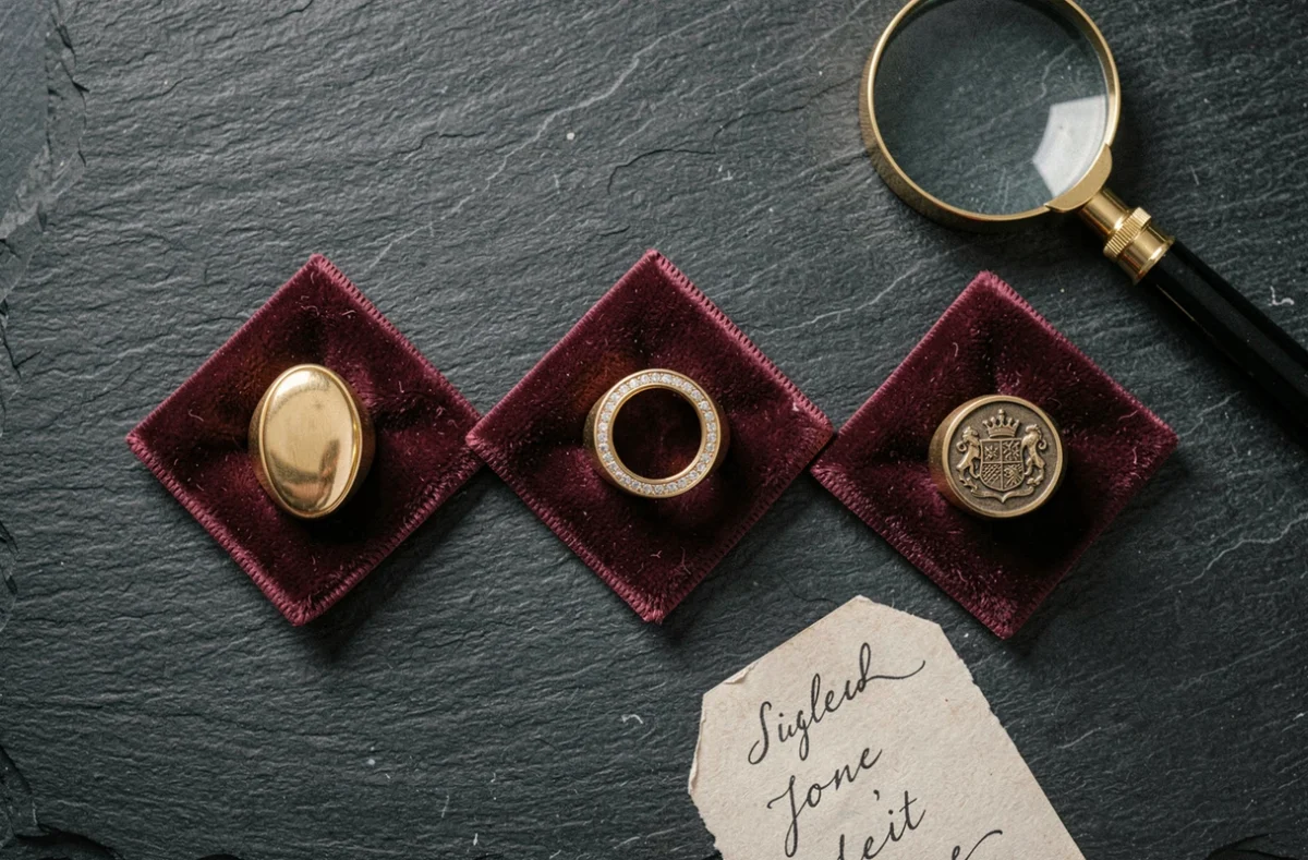 Trois chevalières femme en or disposées en flat lay sur ardoise avec velours bordeaux et loupe de joaillier