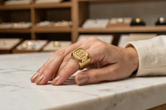 Chevalière femme en or jaune avec gravure monogramme portée sur l'index, posée sur marbre blanc dans un atelier de joaillerie