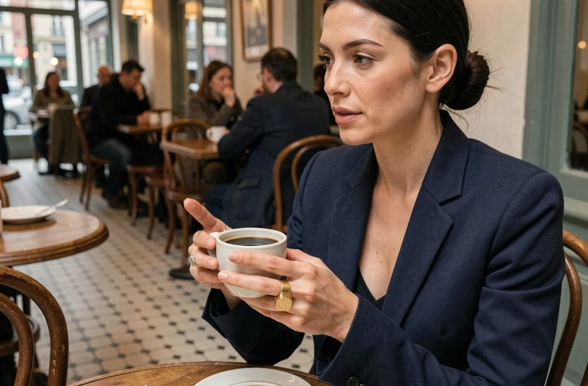 Femme portant une chevalière en or brossé à la main dans un café parisien, style éditorial mode urbain