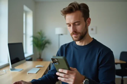 Homme tenant un iPhone 14 Plus avec une coque de protection robuste en silicone vert olive, analysant sa solidité dans un bureau moderne