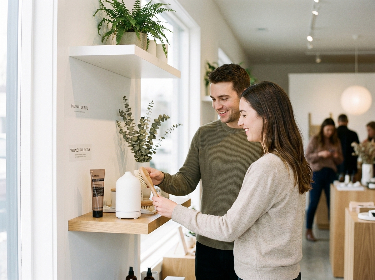 Deux amis choisissant des soins et accessoires pour homme dans une boutique de lifestyle minimaliste