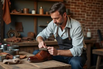 Homme cirant une chaussure en cuir oxford marron avec une brosse en poils de cheval sur un établi d'artisan