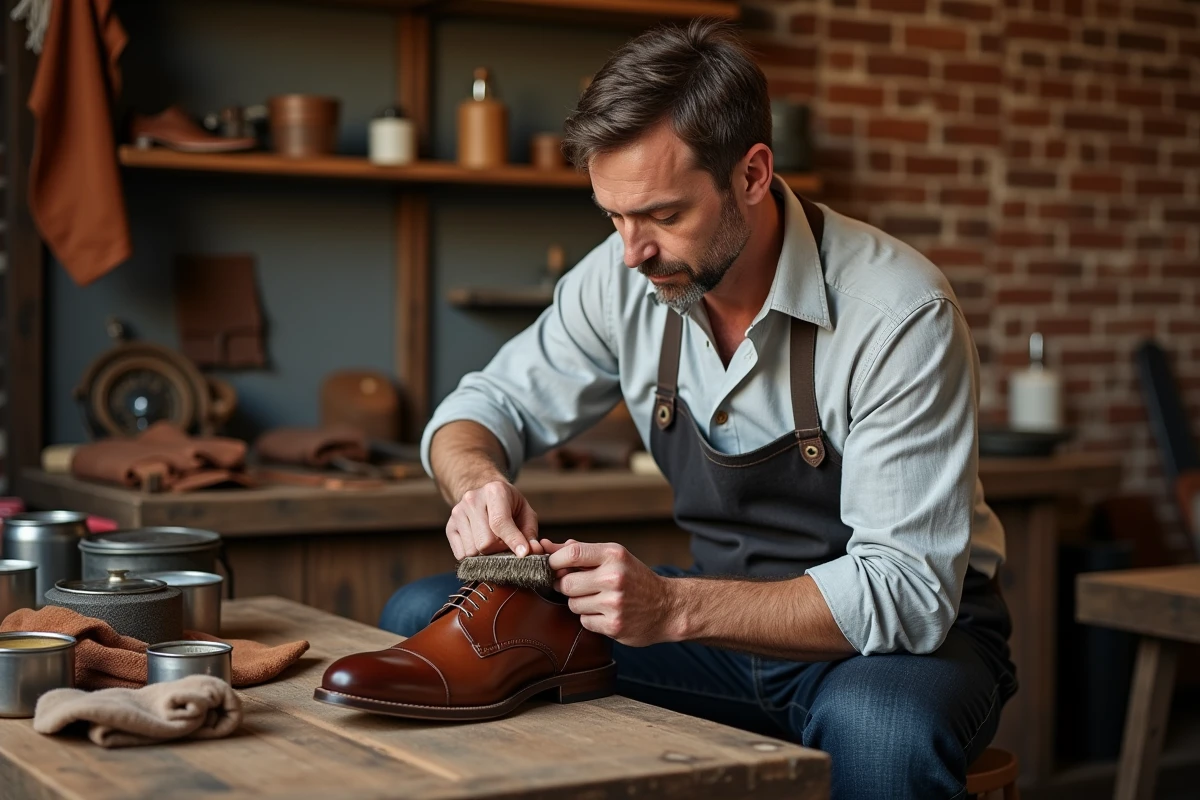 Homme cirant une chaussure en cuir oxford marron avec une brosse en poils de cheval sur un établi d'artisan