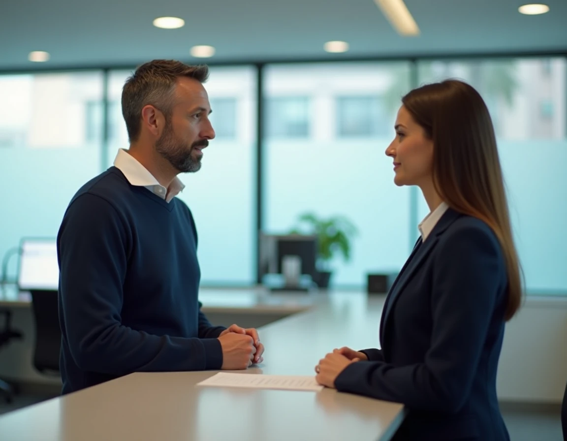 Client discutant d'un litige bancaire avec un conseiller dans une agence bancaire moderne