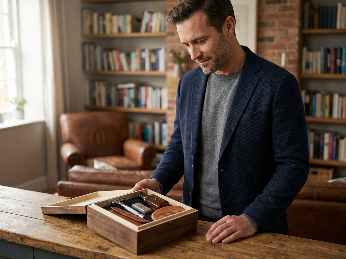 Coffret cadeau soins et accessoires pour homme posé sur un comptoir en bois dans un salon contemporain