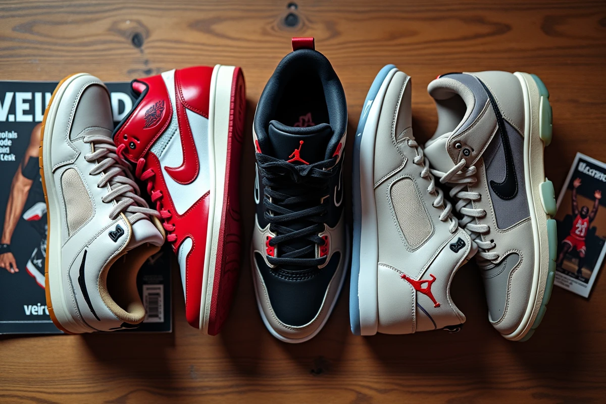 Vue en plongée d'une collection de sneakers Air Jordan 4, 6 et 11 posées sur une table en bois avec magazines et carte vintage, logos Jumpman visibles