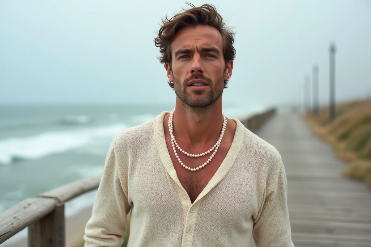 Homme en pull écru portant un collier de perles Akoya devant un paysage côtier en bord de mer