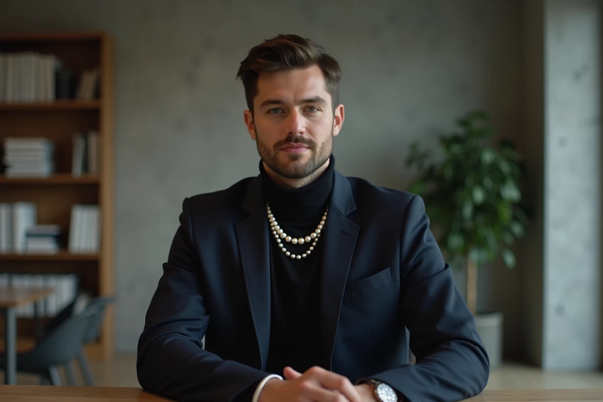 Homme en blazer marine portant un collier de perles baroque et rondes dans un appartement moderne minimaliste