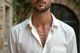 Homme élégant portant un collier en perle naturelle sur chemise en lin blanche dans une cour méditerranéenne