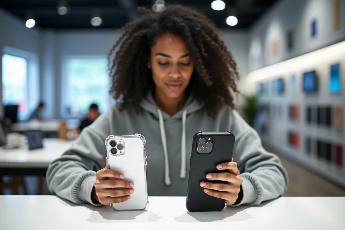 Femme comparant deux coques iPhone 14 Plus dans un magasin d'électronique, une transparente et une matte noire, pour choisir la plus solide