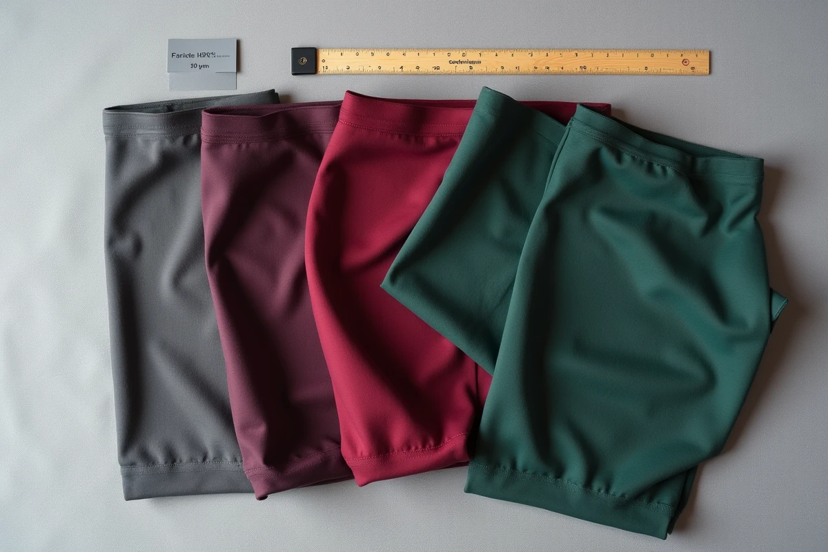 Vue de dessus d'échantillons de tissu spandex multicolores comparés sur fond neutre pour évaluer leur qualité et durabilité