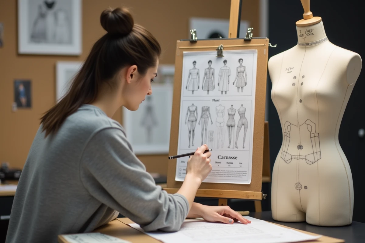 Créatrice de mode comparant des notes de mensurations avec un tableau de tailles internationales devant un mannequin de couture dans son studio