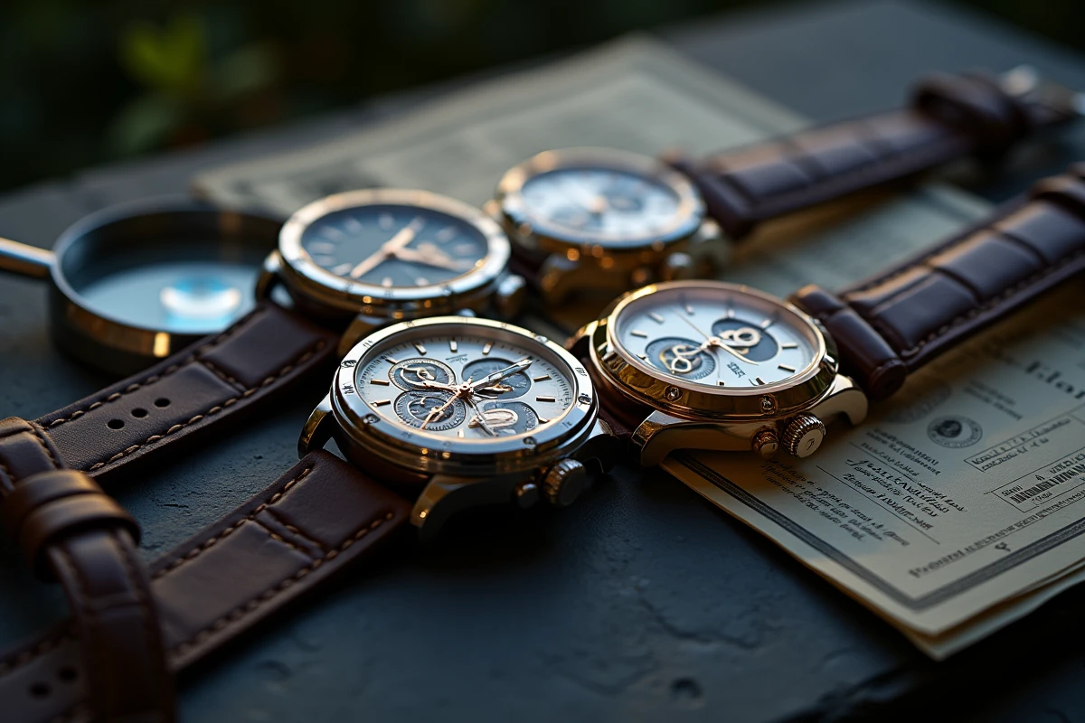 Trois montres de luxe haut de gamme posées sur ardoise avec loupe et certificat d'authenticité