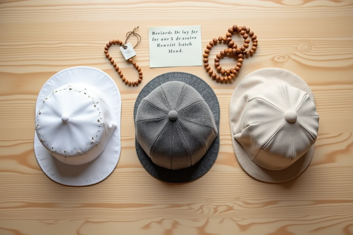 Vue de dessus de trois types de chapeaux musulmans côte à côte sur une table en bois, guide comparatif pour débutants