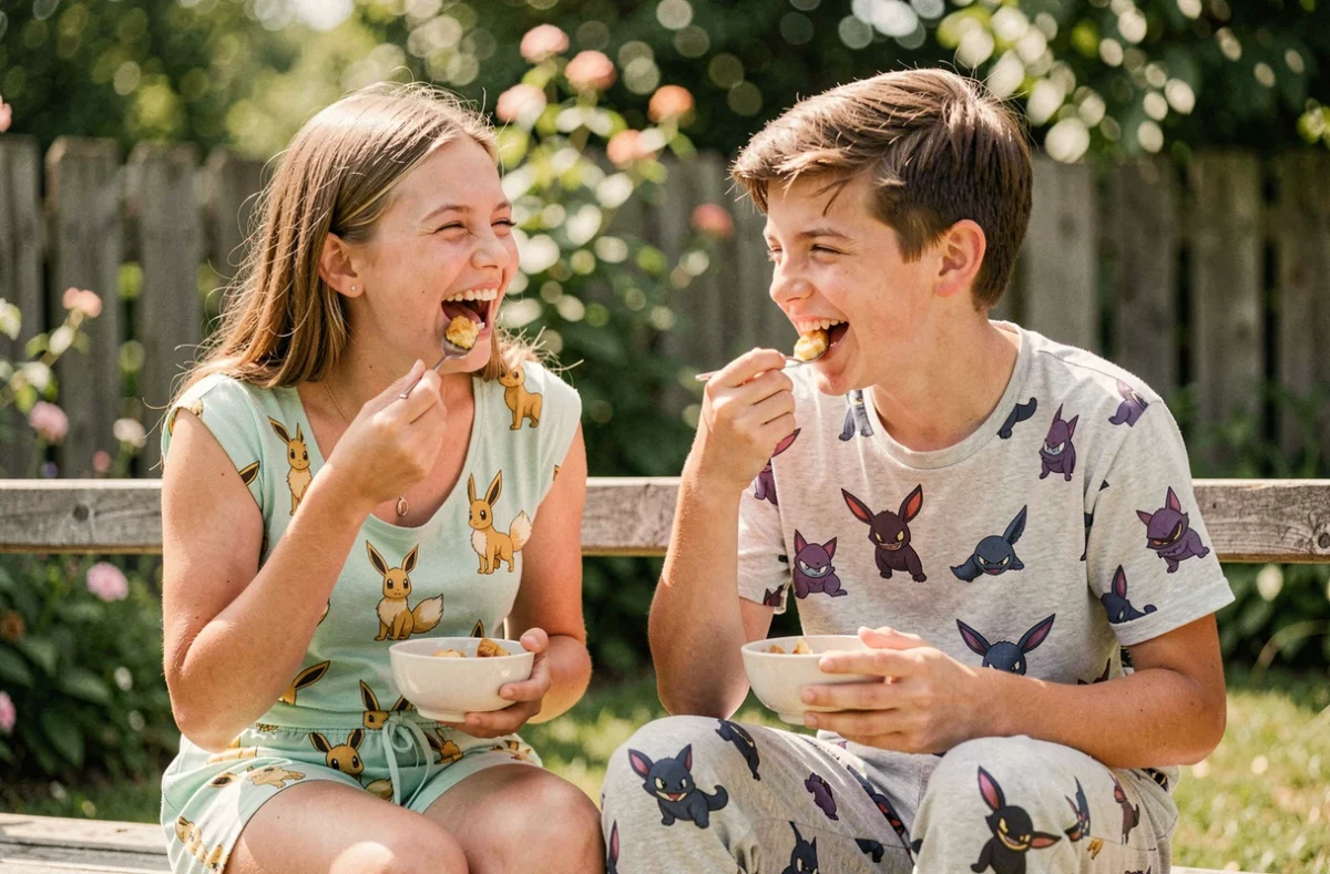 Deux adolescents comparant un pyjama Pokémon short et un pyjama pantalon long sur une terrasse estivale